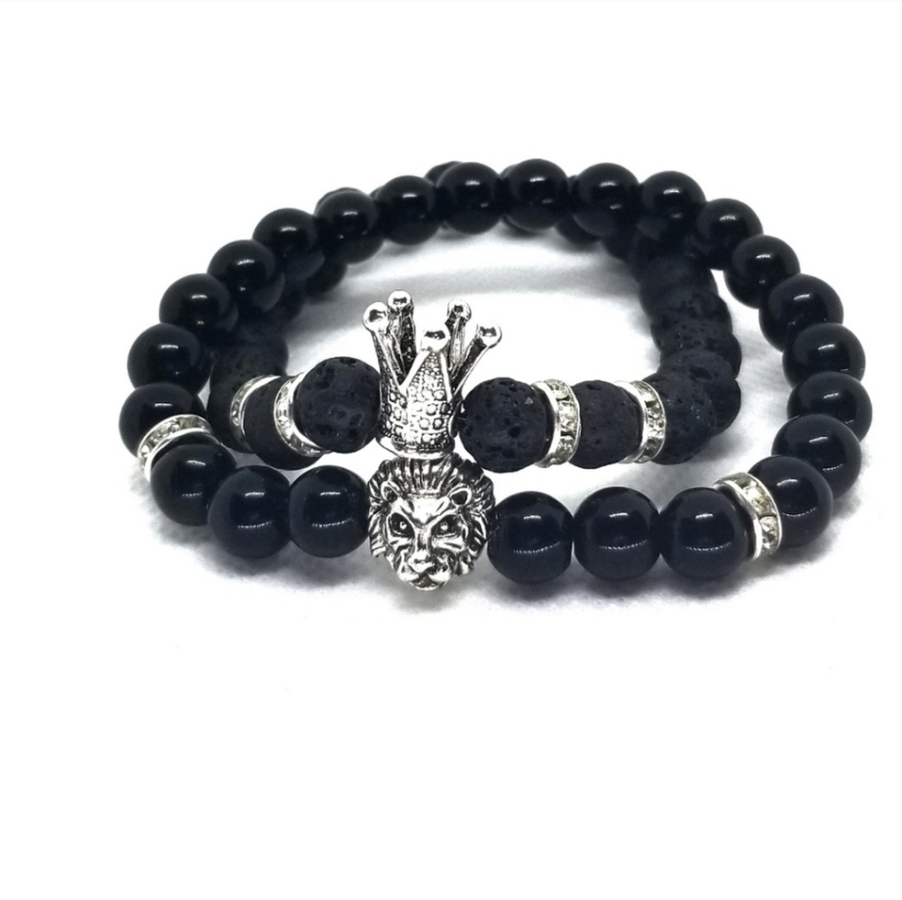Crown & Lion Black Lava Beads Unisex Bracelets